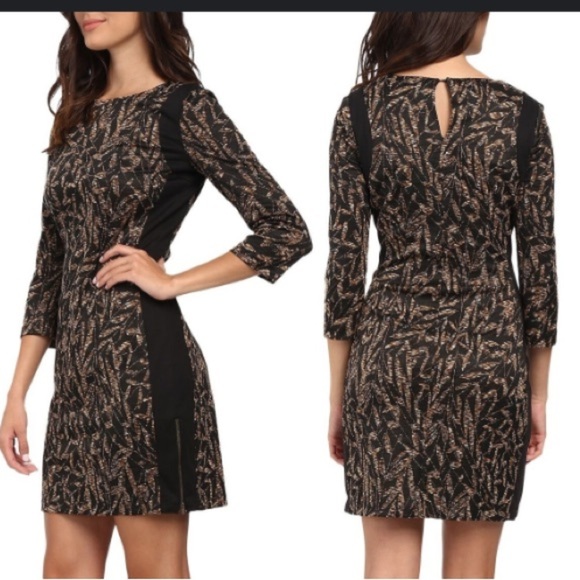 London Times Black/Tan Stretch Matte Knit Dress w/Side Zip Slit sz 6 - Picture 1 of 6